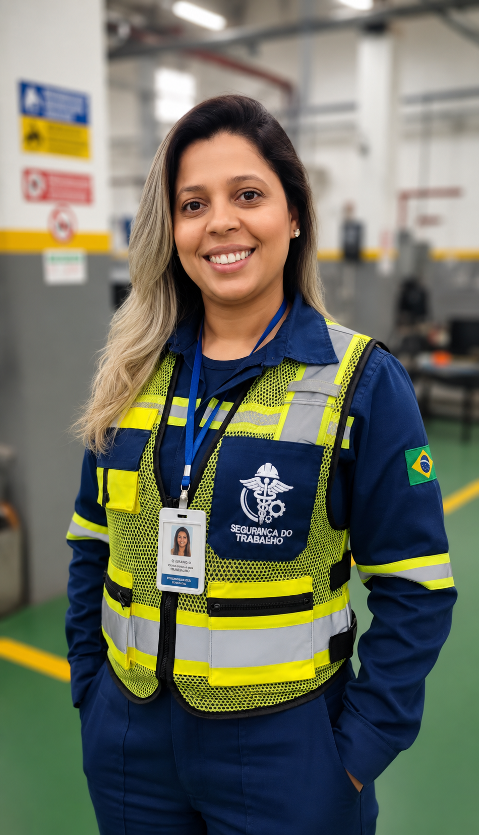Andreza usando colete de segurança em ambiente operacional
