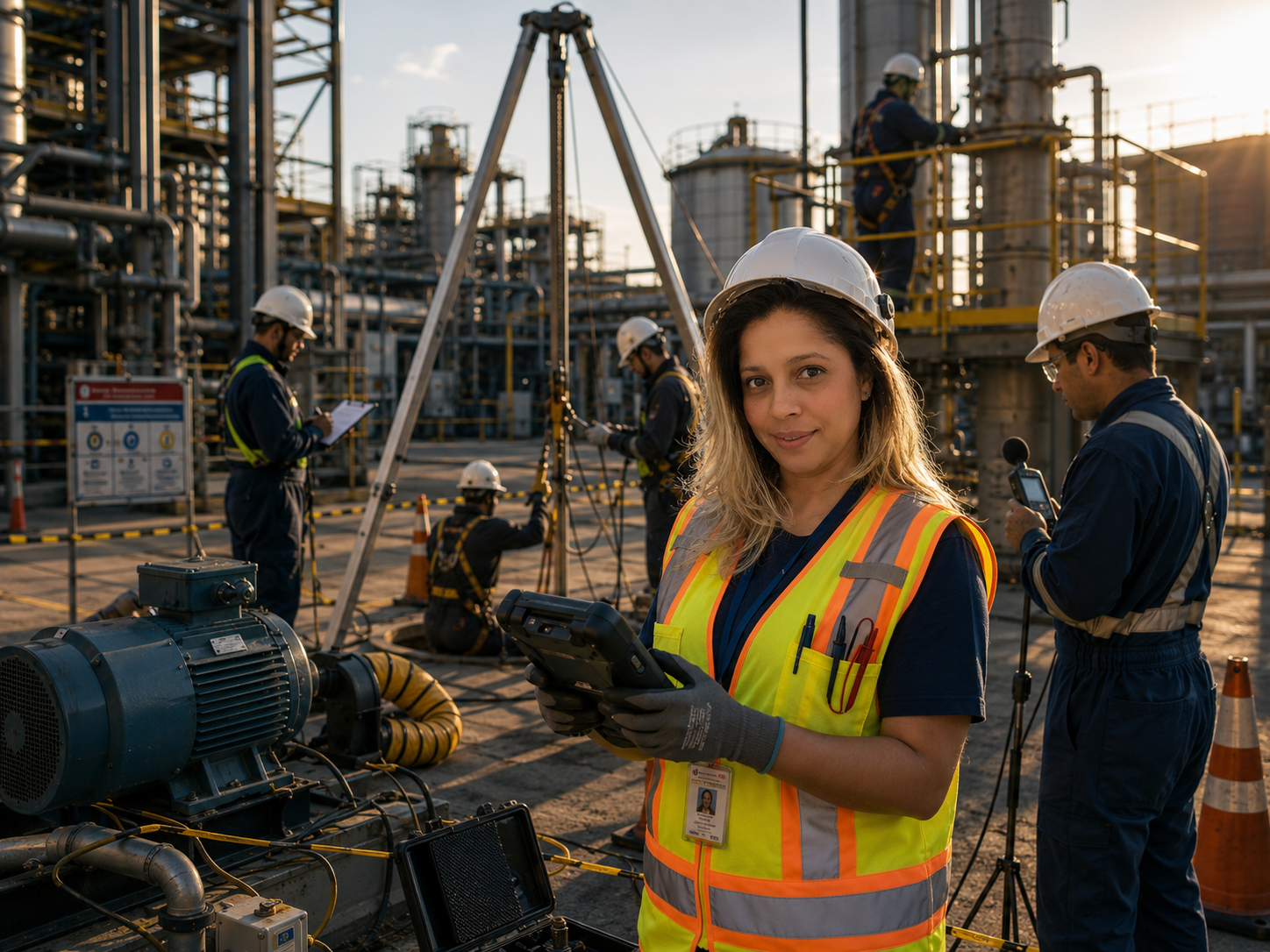 Profissional de SST em atuação operacional durante inspeção em ambiente industrial.